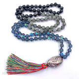 8mm Spectrolite 108 Beads Tassel Knotted Necklace Buddhism