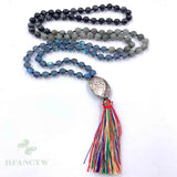 8mm Spectrolite 108 Beads Tassel Knotted Necklace Buddhism