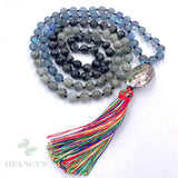 8mm Spectrolite 108 Beads Tassel Knotted Necklace Buddhism