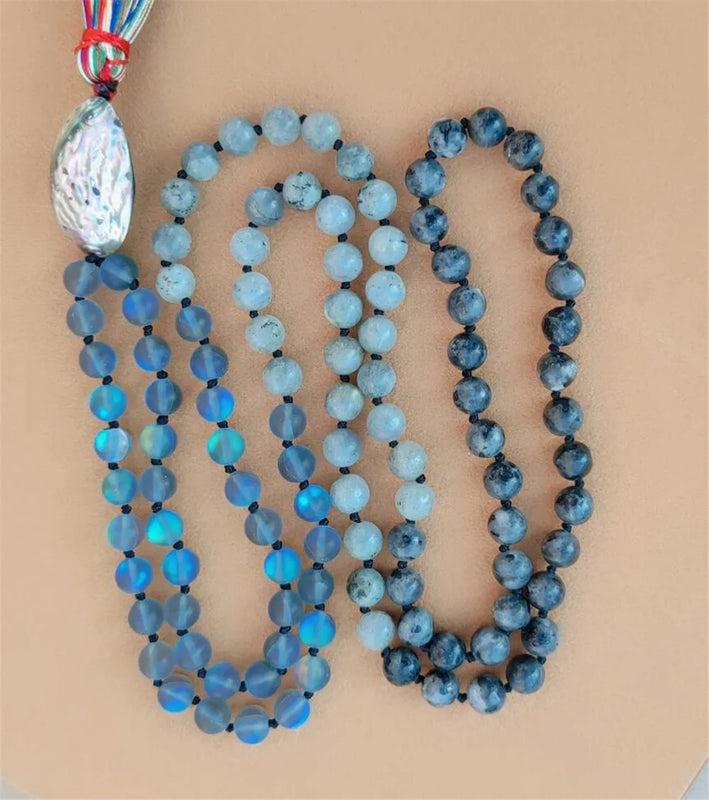8mm Spectrolite 108 Beads Tassel Knotted Necklace Buddhism