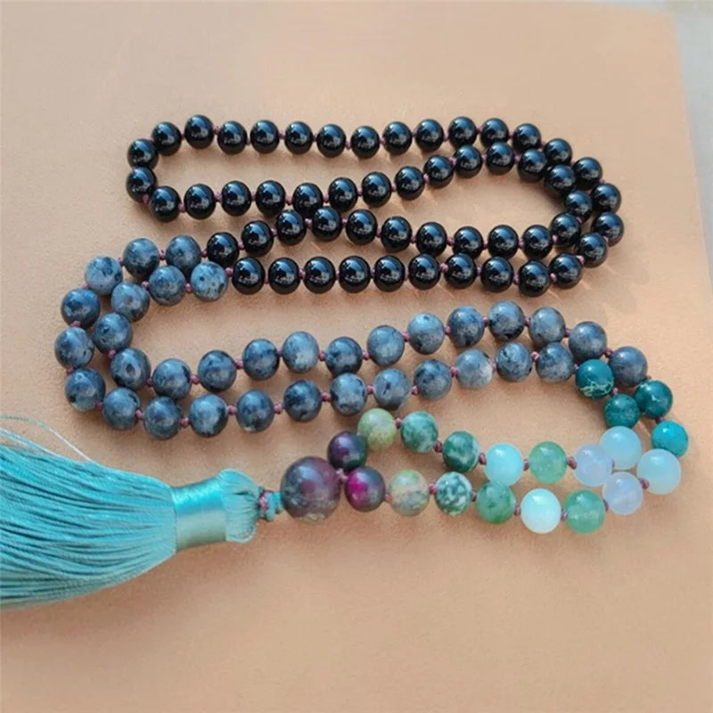 8mm Spectrolite 108 Beads Tassel Knotted Necklace Colorful Meditation Bracelet