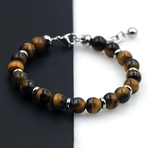 8mm Tiger Eye Beads Stainless Steel Chain Bracelet