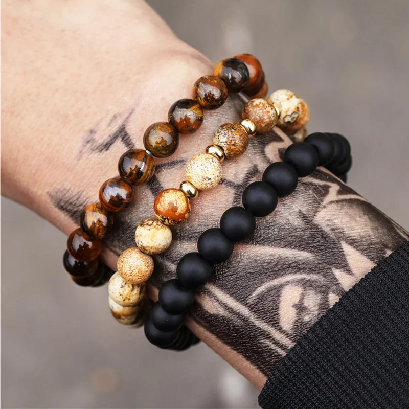Tiger Eye Stone Beads Men Bracelet Set