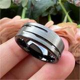 8mm Tungsten Carbide Engagement Ring Flat Grooved Brushed Finish
