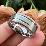 8mm Tungsten Carbide Engagement Ring Flat Grooved Brushed Finish