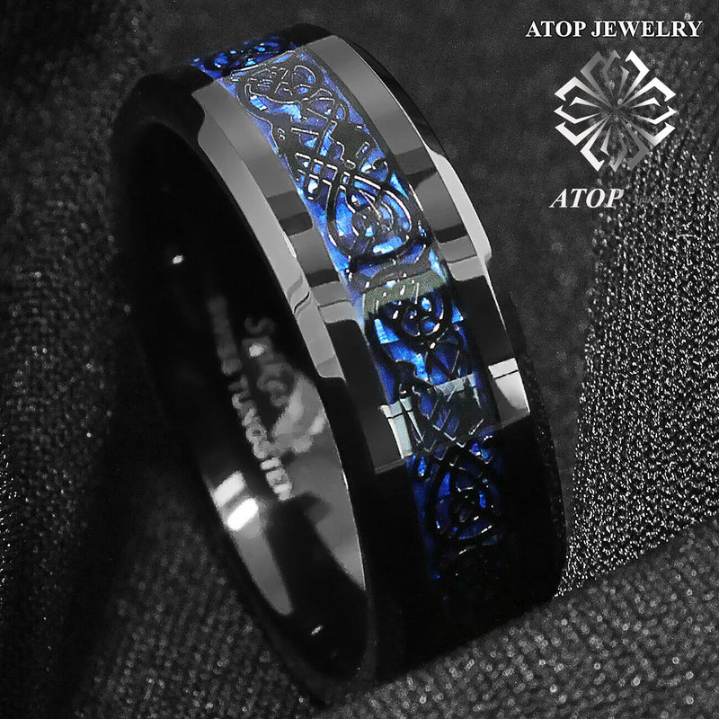 8mm Tungsten Carbide Ring Celtic Dragon carbon fibre Mens Jewelry