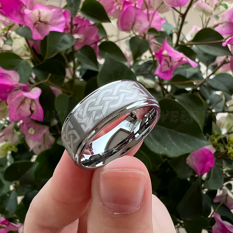 8mm Tungsten Carbide Ring Pipe Cut Wedding Bands Brushed Finish