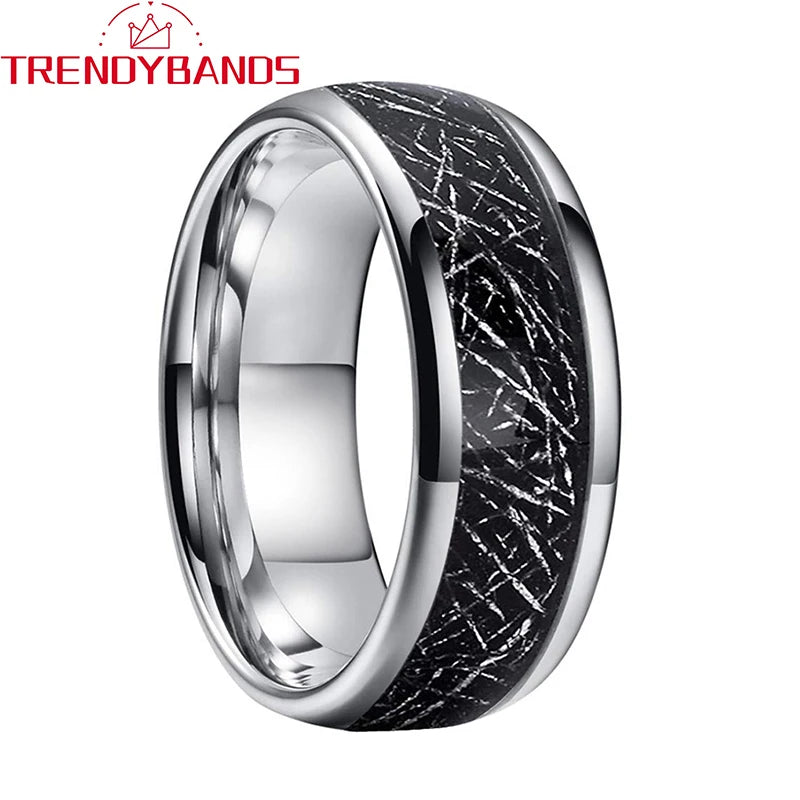8mm Tungsten Carbide Ring Meteorite Inlay Wedding Band Comfort Fit