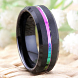 8mm Tungsten Ring Rainbow Thin Groove Wedding Band Beveled Comfort Fit