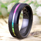 8mm Tungsten Ring Rainbow Thin Groove Wedding Band Beveled Comfort Fit