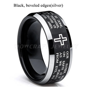 8mm Tungsten Carbide Wedding Bands Christ Cross Engraved Lord's Prayer Ring