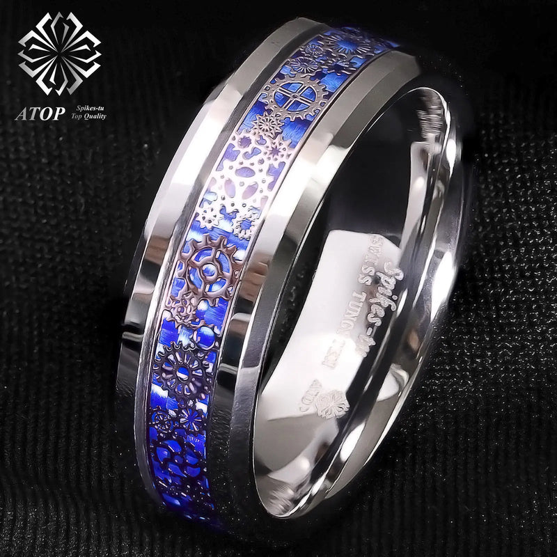 8mm Tungsten Ring Wedding Band Steampunk Gears Carbon Fiber