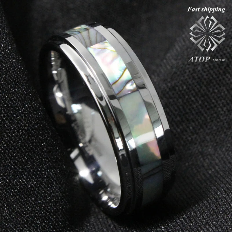 8mm Tungsten Abalone Stripe Wedding Band Ring Men