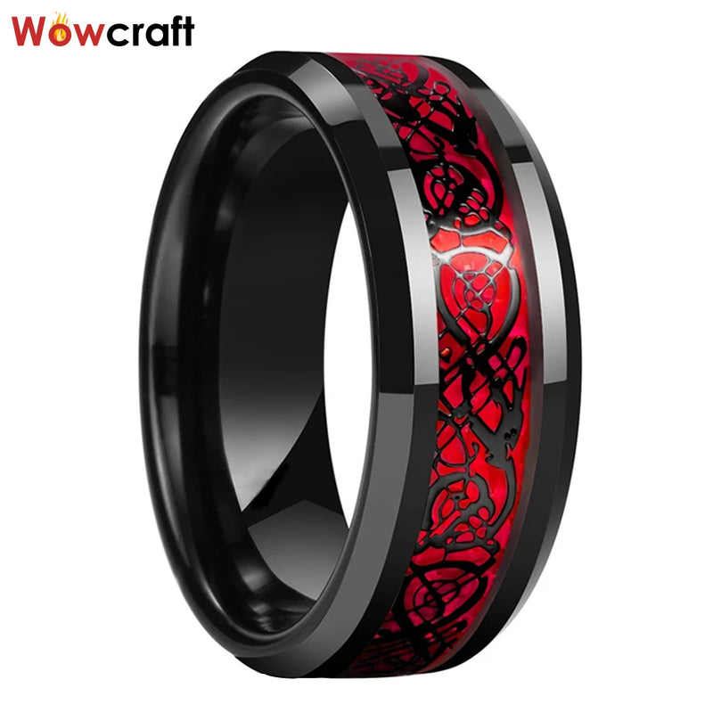 8mm Tungsten Wedding Band Rings Gunmetal&Black Opal Dragon Inlay