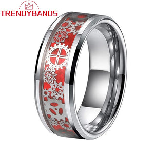 8mm Tungsten Red Opal Inlay Wedding Ring Beveled Edge Polished Comfort Fit