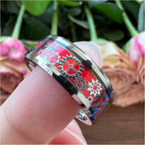 8mm Tungsten Red Opal Inlay Wedding Ring Beveled Edge Polished Comfort Fit