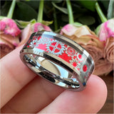 8mm Tungsten Red Opal Inlay Wedding Ring Beveled Edge Polished Comfort Fit