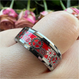 8mm Tungsten Red Opal Inlay Wedding Ring Beveled Edge Polished Comfort Fit