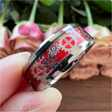 8mm Tungsten Red Opal Inlay Wedding Ring Beveled Edge Polished Comfort Fit