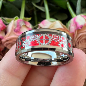 8mm Tungsten Red Opal Inlay Wedding Ring Beveled Edge Polished Comfort Fit
