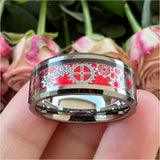8mm Tungsten Red Opal Inlay Wedding Ring Beveled Edge Polished Comfort Fit