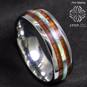 8mm Tungsten Ring Koa Wood Abalone Wedding Band Men's Jewelry
