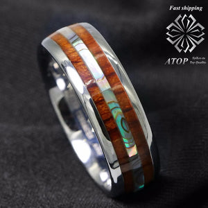 8mm Tungsten Ring Koa Wood Abalone Wedding Band Men's Jewelry