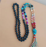 8mm Volcanic Chakra 108 Beads Tassel Knotted Necklace