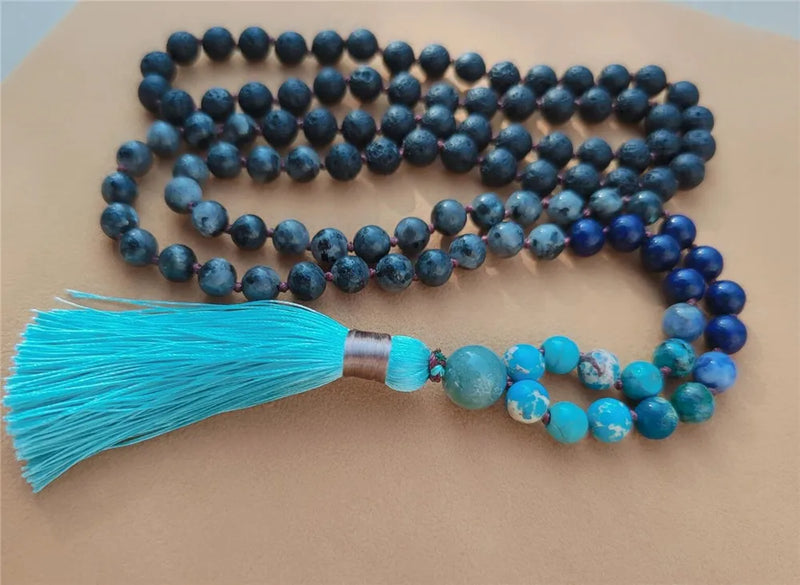 8mm Volcanic Stone 108 Beads Tassel Knotted Necklace Spirituality