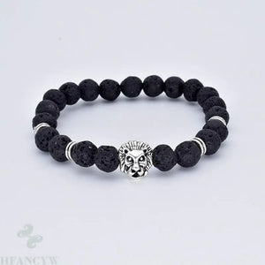Silver Lion Head 8mm Volcanic Stone Hand String 7.5 In