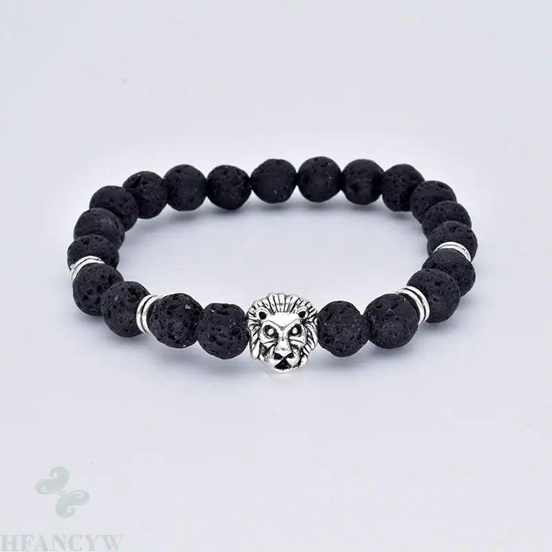 Silver Lion Head 8mm Volcanic Stone Hand String 7.5 In
