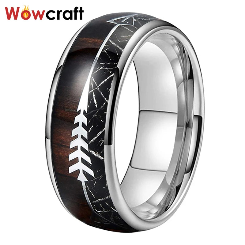 8mm Tungstne Carbide Wedding Band Meteorite Arrow Wood Inlay