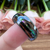 8mm Tungsten Carbide Wedding Bands with Abalone Shell and Koa Wood Inlay