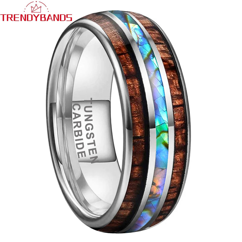 8mm Tungsten Carbide Wedding Bands with Abalone Shell and Koa Wood Inlay
