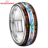 8mm Tungsten Carbide Wedding Bands with Abalone Shell and Koa Wood Inlay