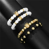 8mm Stone Beads Bracelet 2pcs/Set CZ Crown Charm Bracelets For Women