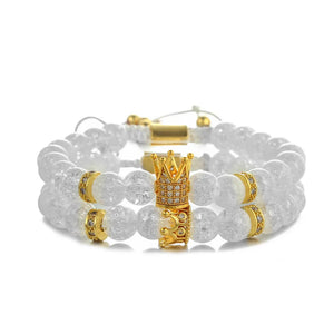 8mm Stone Beads Bracelet 2pcs/Set CZ Crown Charm Bracelets For Women