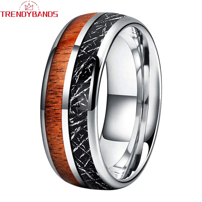 8mm Tungsten Carbide Meteorite Wood Inlay Ring