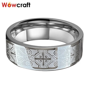 8mm Tungsten Wedding Band Ring Cross Engraved Flat Polished Fit