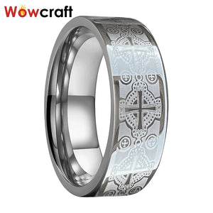 8mm Tungsten Wedding Band Ring Cross Engraved Flat Polished Fit