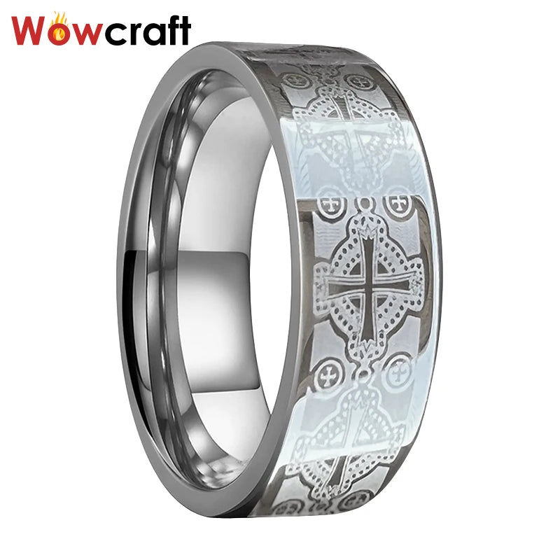 8mm Tungsten Wedding Band Ring Cross Engraved Flat Polished Fit