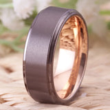 8mm Gunmetal Tungsten Ring Rose Golden Wedding Band