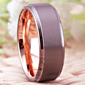 8mm Gunmetal Tungsten Ring Rose Golden Wedding Band