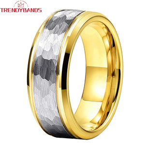 8mm Tungsten Carbide Ring Hammered Beveled Edges Brushed Finish