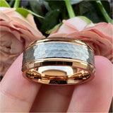 8mm Tungsten Carbide Ring Hammered Beveled Edges Brushed Finish