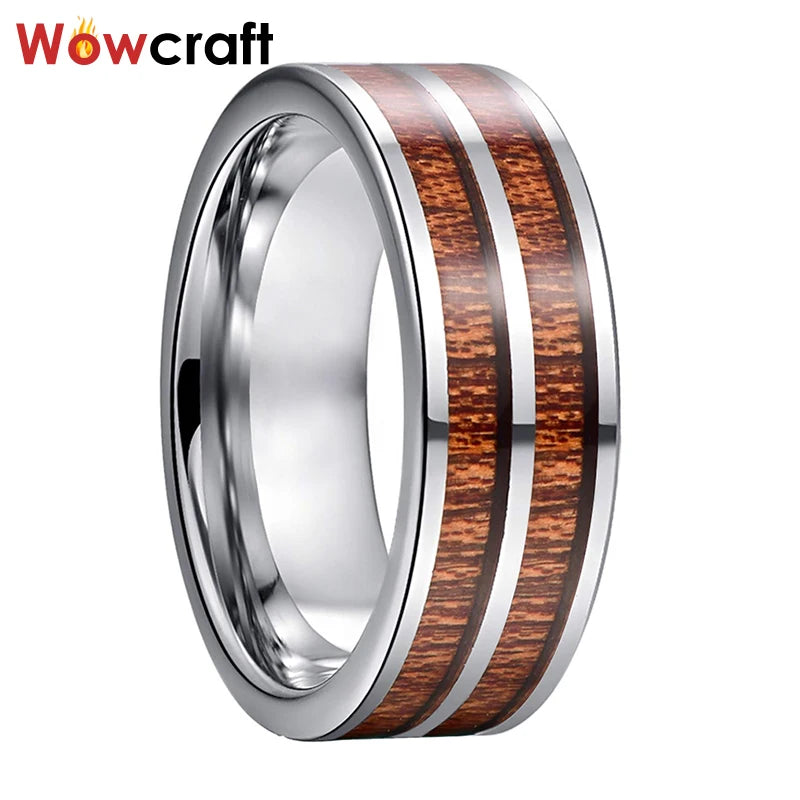 8mm Koa Wood Inlay Tungsten Rings Wedding Bands Polished Comfort Fit