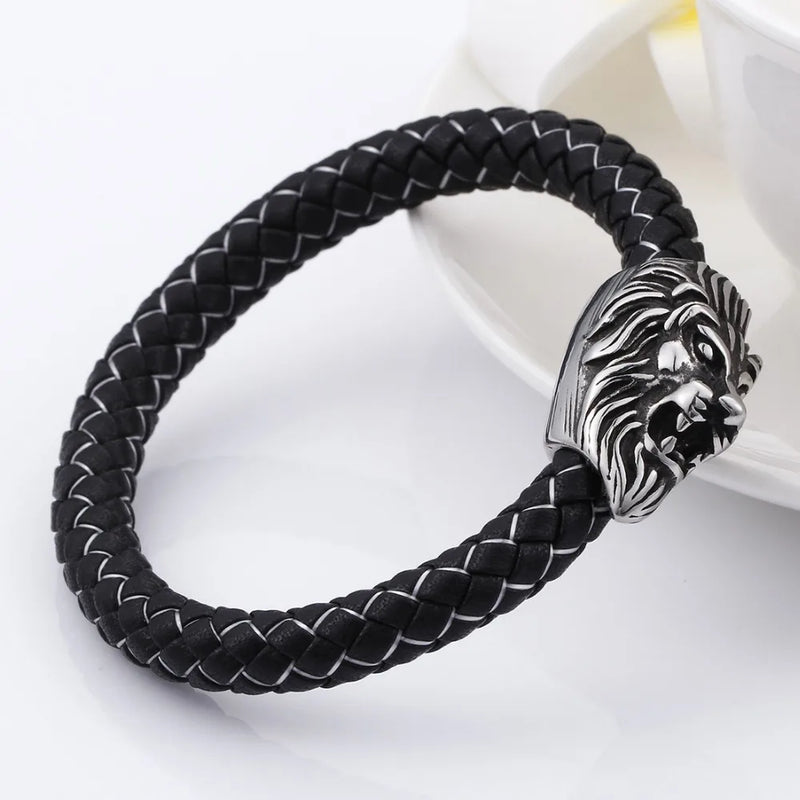 8mm Lion Clasp Braided Leather Bracelet Men Unisex