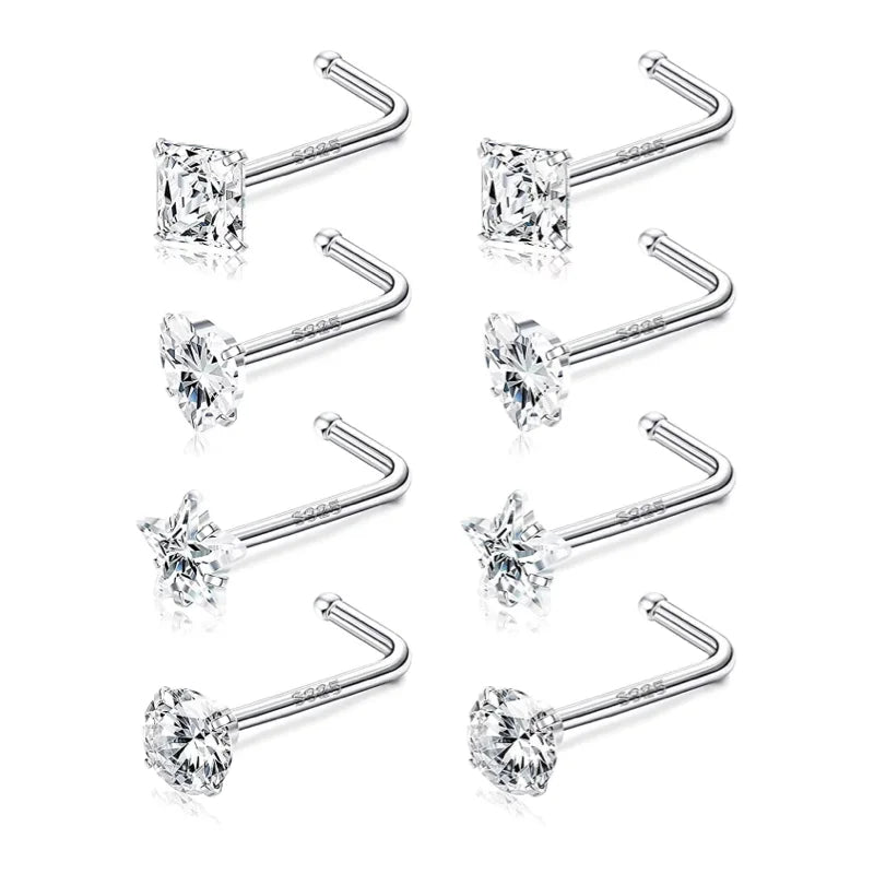 8pcs 20G 925 Sterling Silver Nose Rings & Studs with CZ Zircon