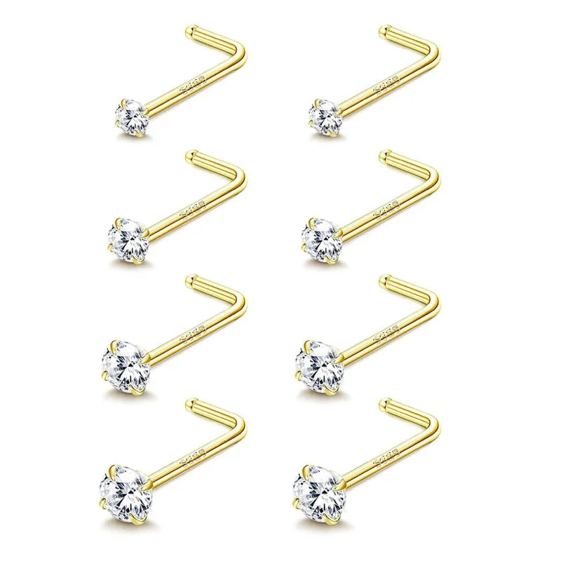 8pcs 925 Sterling Silver CZ Nose Rings 20G L Shape Women Nose Piercing Jewelry