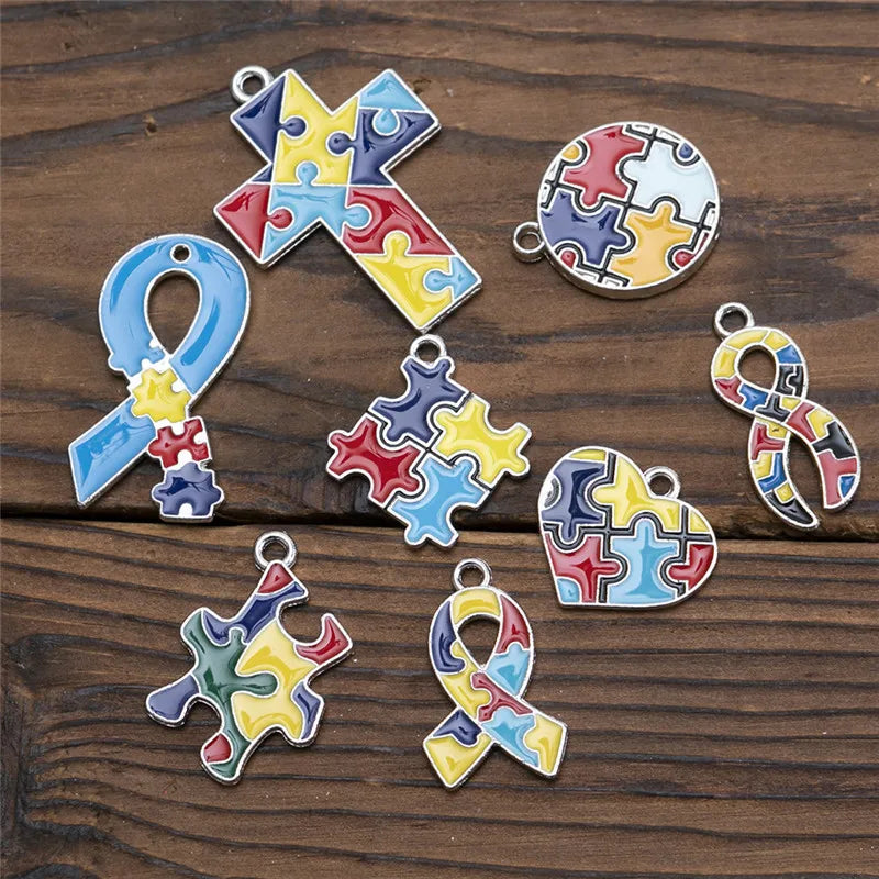 8pcs Cross Round Heart Puzzle Charms Pendant DIY Necklaces Bracelet